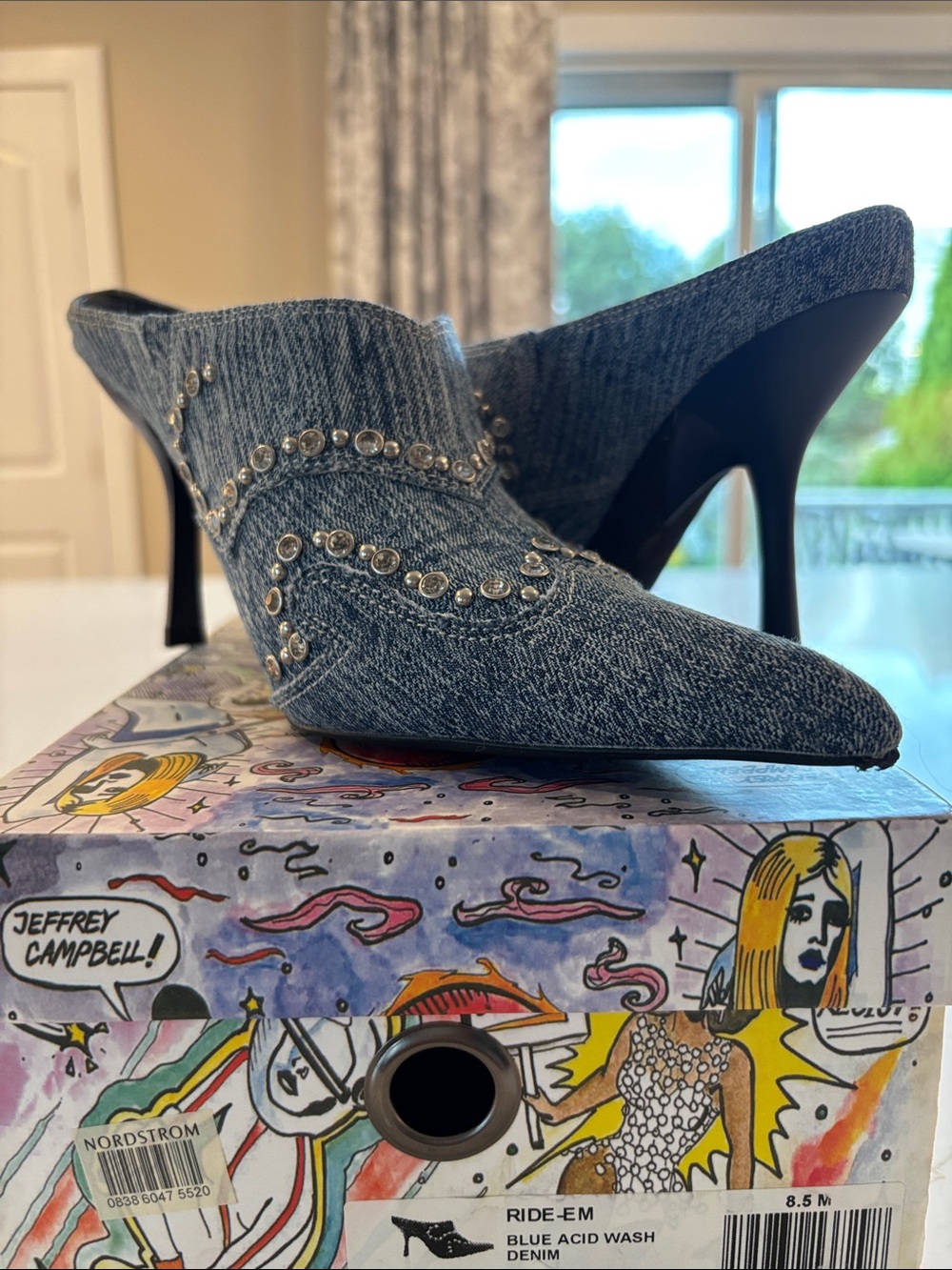 Jeffrey Campbell Grey Denim Studded Pointed-Toe Mules - Picture 3 of 9